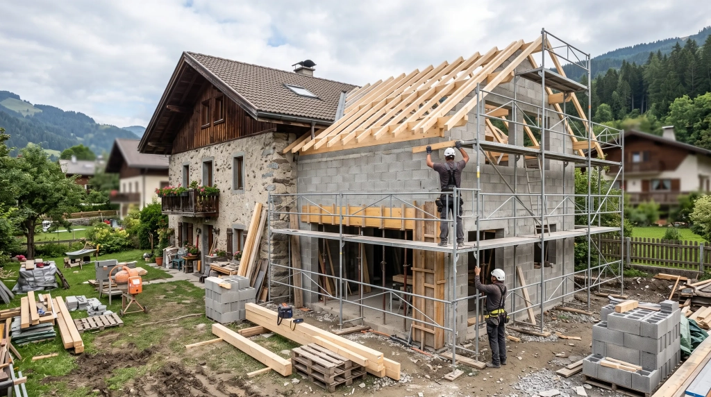 Agrandissement de maison à Albertville avec extension en cours de gros œuvre