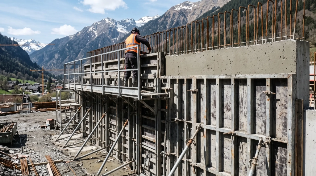 Coffrage de maçonnerie à Albertville avec banches métalliques et ferraillage en place