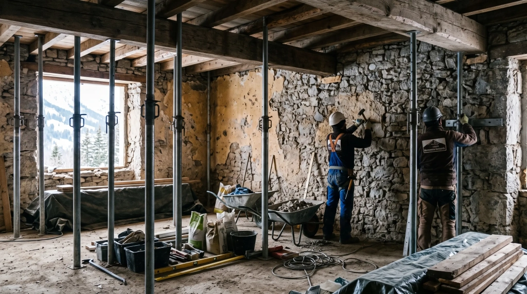 Chantier de rénovation de maison à Albertville avec murs mis à nu et étais