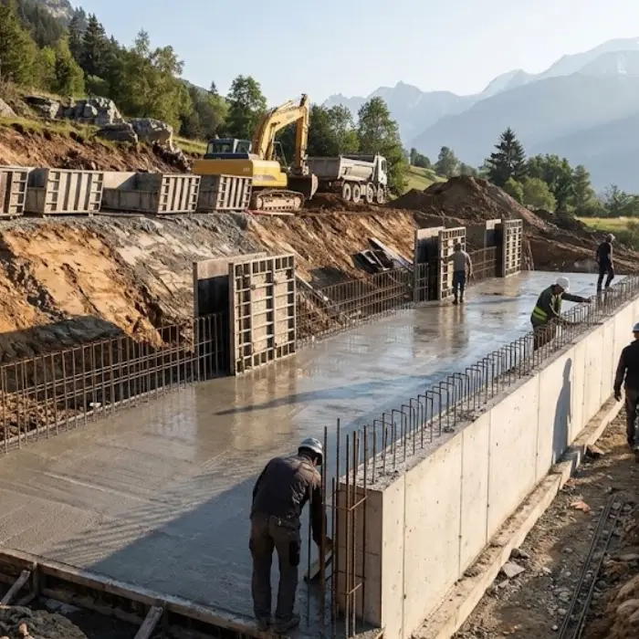 Fondations et terrassement d'une maison sur terrain en pente en Savoie