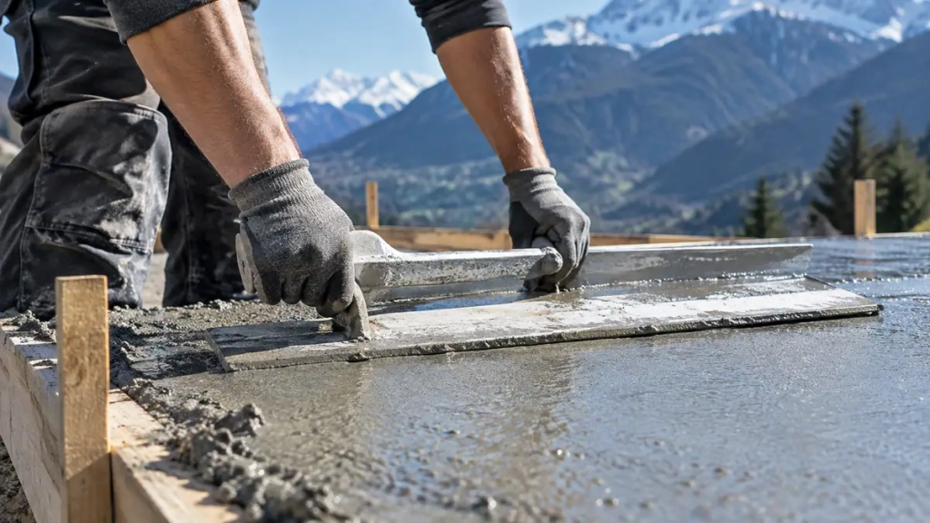 Chantier de maçonnerie sur terrain pentu près d’Albertville en Savoie