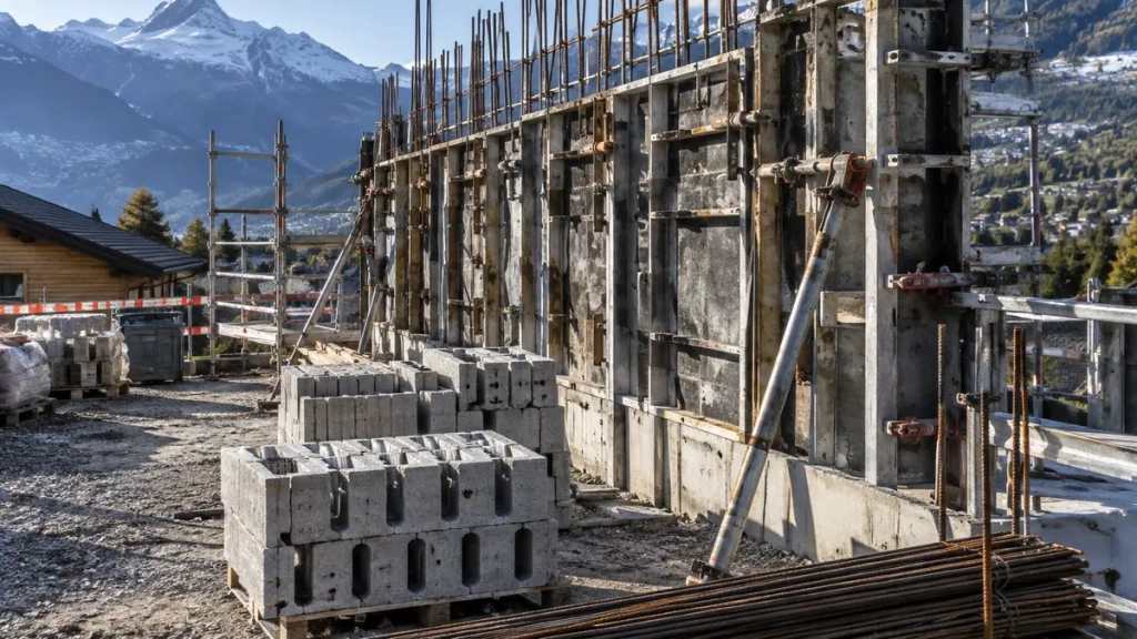 Banches de coffrage et ferraillage d’un mur de maçonnerie à Albertville