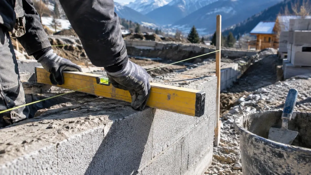 Maçon contrôlant le niveau d’une arase lors d’un chantier à Albertville